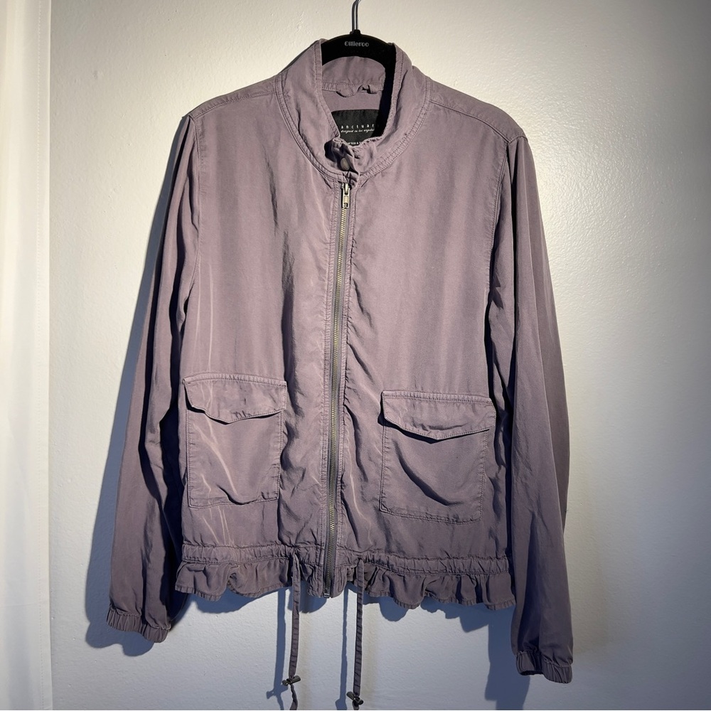 Sanctuary Drawstring Utility Zip Jacket Dusty Purple  Lightweight Ruffle Hem S